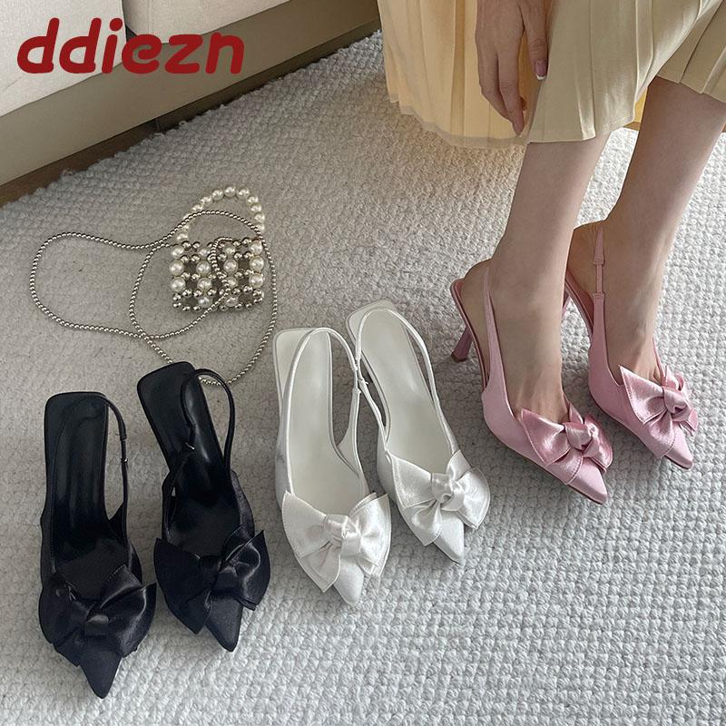 Fashion Silk Fashion Butterfly-Knot Women High Heels Pumps Shoes Slingbacks Female Slip On Footwear Party Ladies Heels Shoes Big Size 43