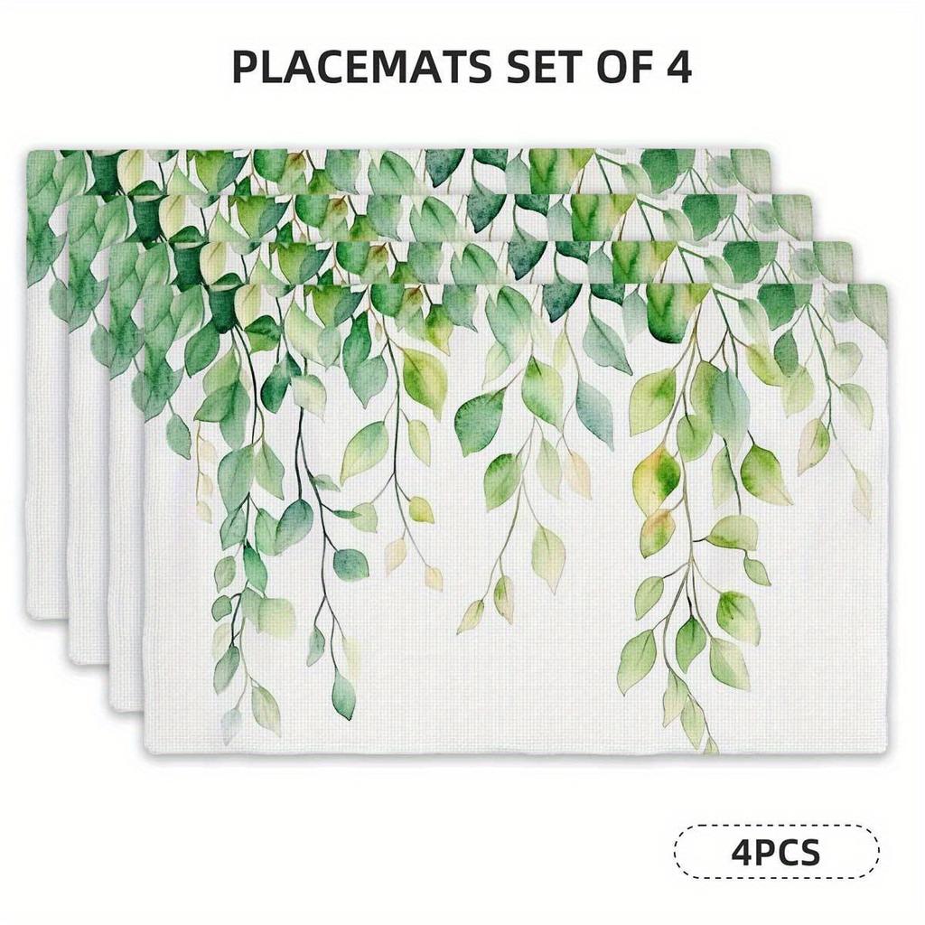 4pcs Set of Placemats - Fresh Green Leaves Vine Pattern Rectangular Kitchen Table Mats (12 inches x 18 inches), Suitable for Hol