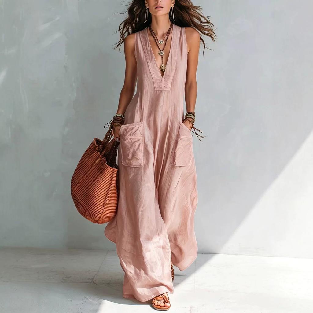 Women's Sleeveless Deep V Neck Loose Wide Leg Jumpsuit Solid Pocket Maxi Jumpsuit Casual Vacation Romper