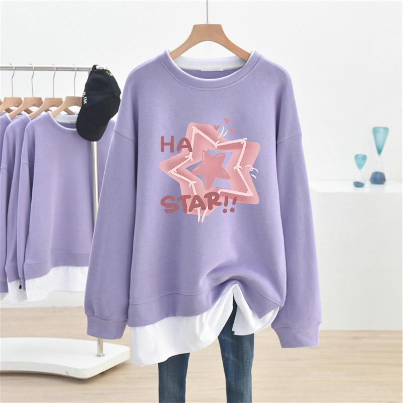 Star Print Fake Two Women's Plus Size Hoodie Long Sleeved Round Neck Sweatshirt  Autumn Warm Woman Loose Casual Top