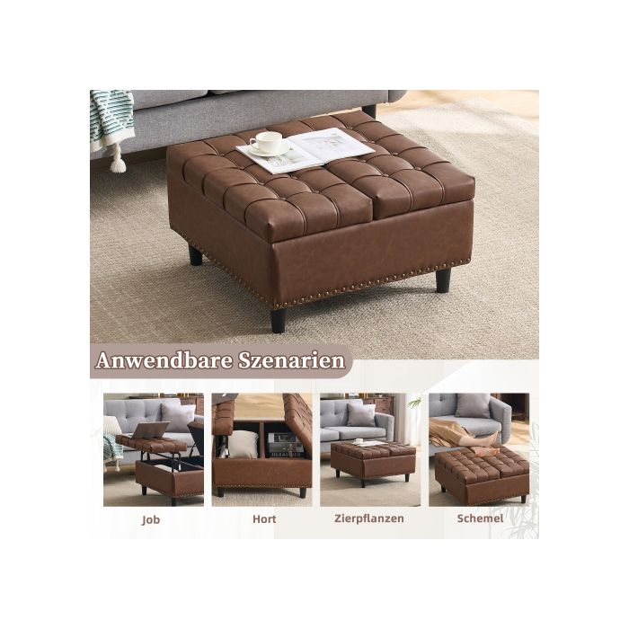 Large Square Storage Chair with Lift-up Bench Storage Space for the Living Room, Bedroom, and Office (brown PU)