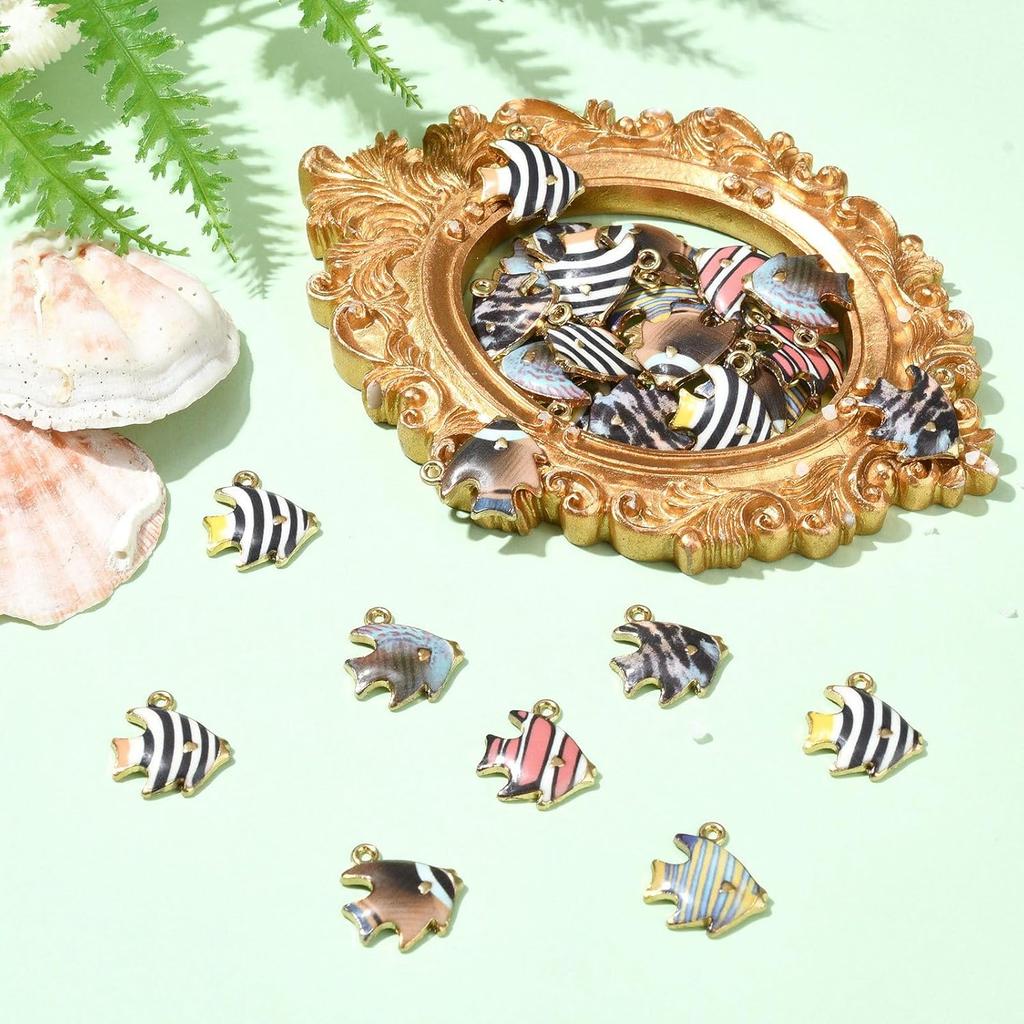 DanLingJewelry 35Pcs 7 Styles Enamel Fish Charms Flower Printed Ocean Animal Charms Tropical Fish Enamel Charm Pendants for Jewelry Making