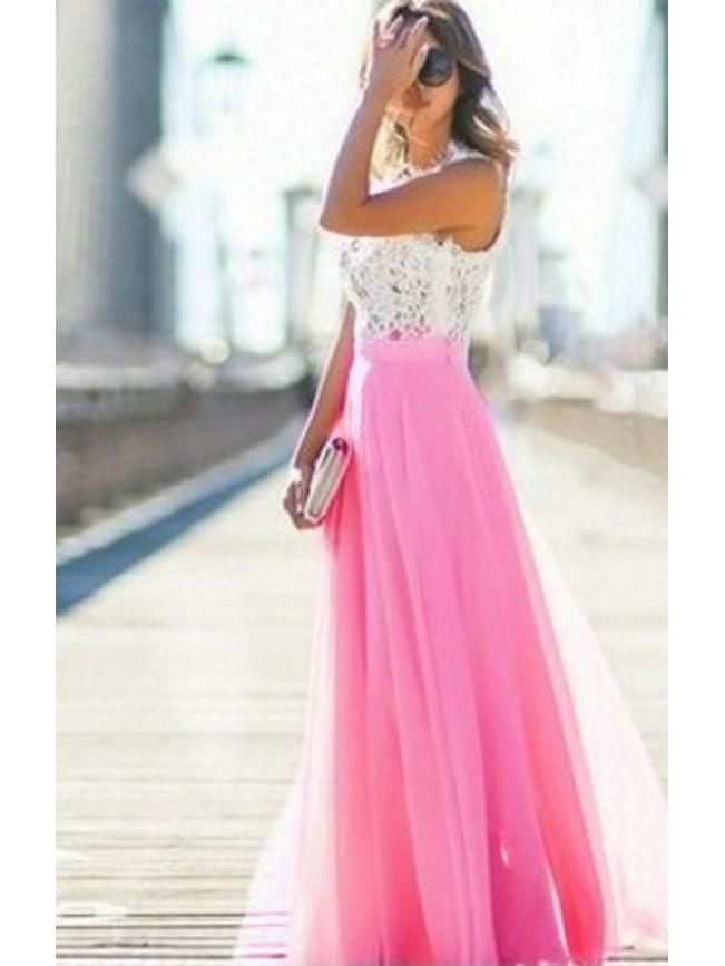 European and American Lace-Spliced Chiffon Evening Gown - Super Long, Available In 5 Colors and 5 Sizes