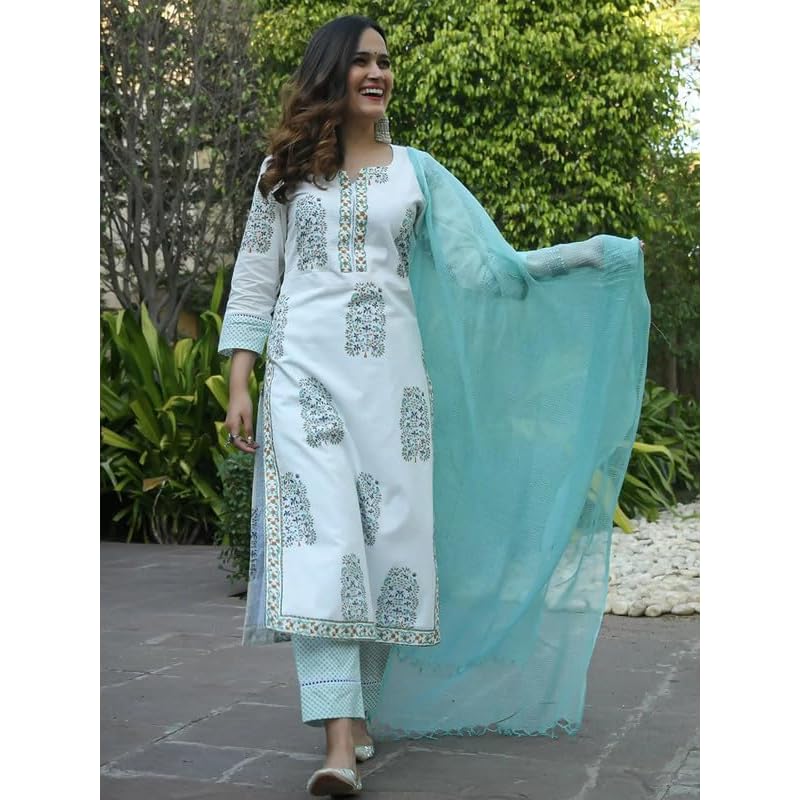 Pinkmint Women s Printed Straight Kurta with Pant & Dupatta Suit ll Festival Wear L