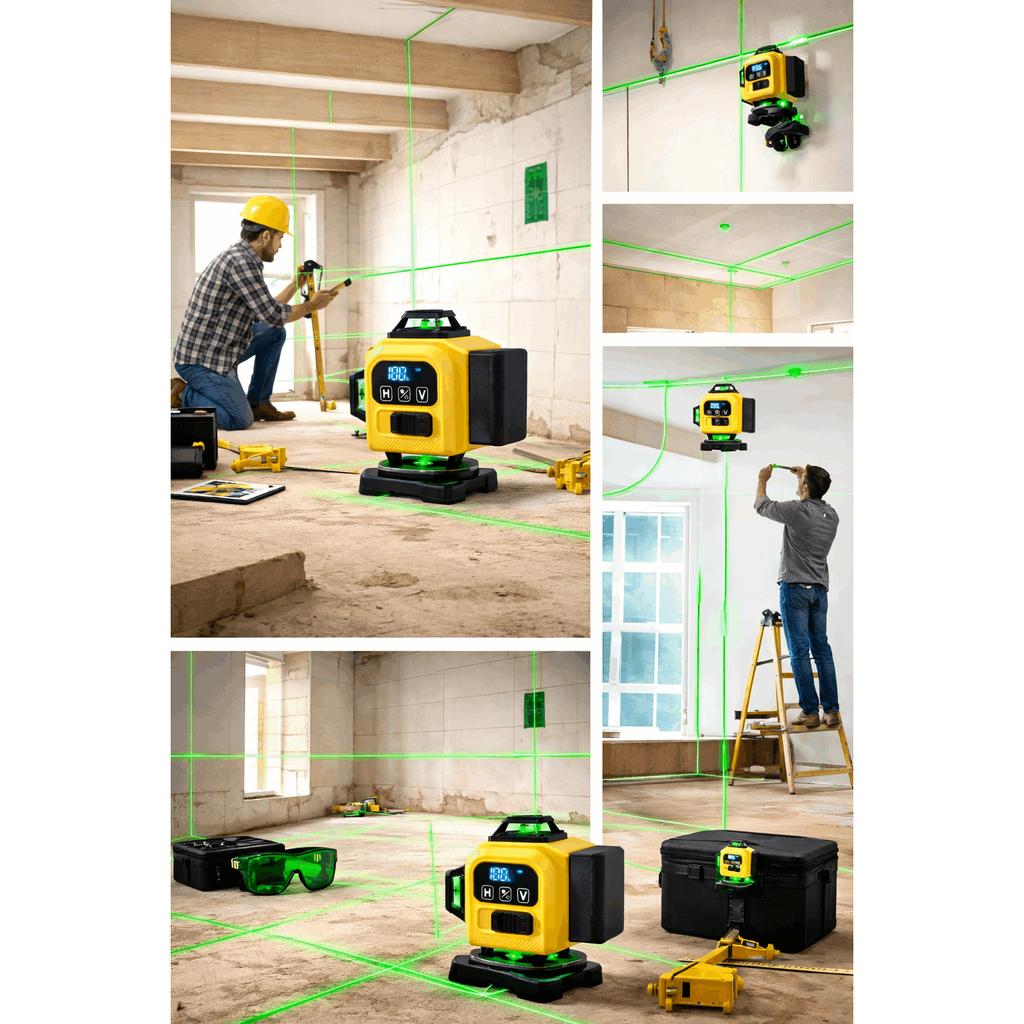 360° Laser Level 4D Cross Line Laser Set Carrying Case Swivel Base Pendulum Lock System