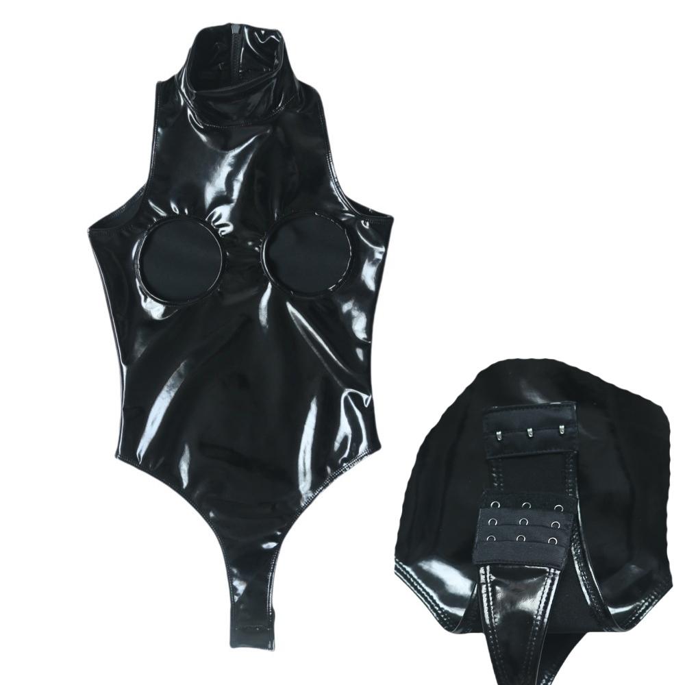 Sexy Women Pvc Shiny High Cut Bodysuit Open Bust Crotch One Pieces Thong Dance Wear Latex Pu Sexy Tights Maid Leotard