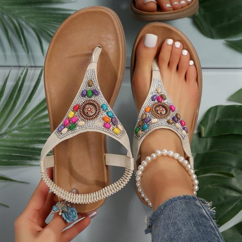 Women's Plus Size Beaded Roman Toe Post Flat Sandals, Retro Casual Anti-Slip Beach Shoes