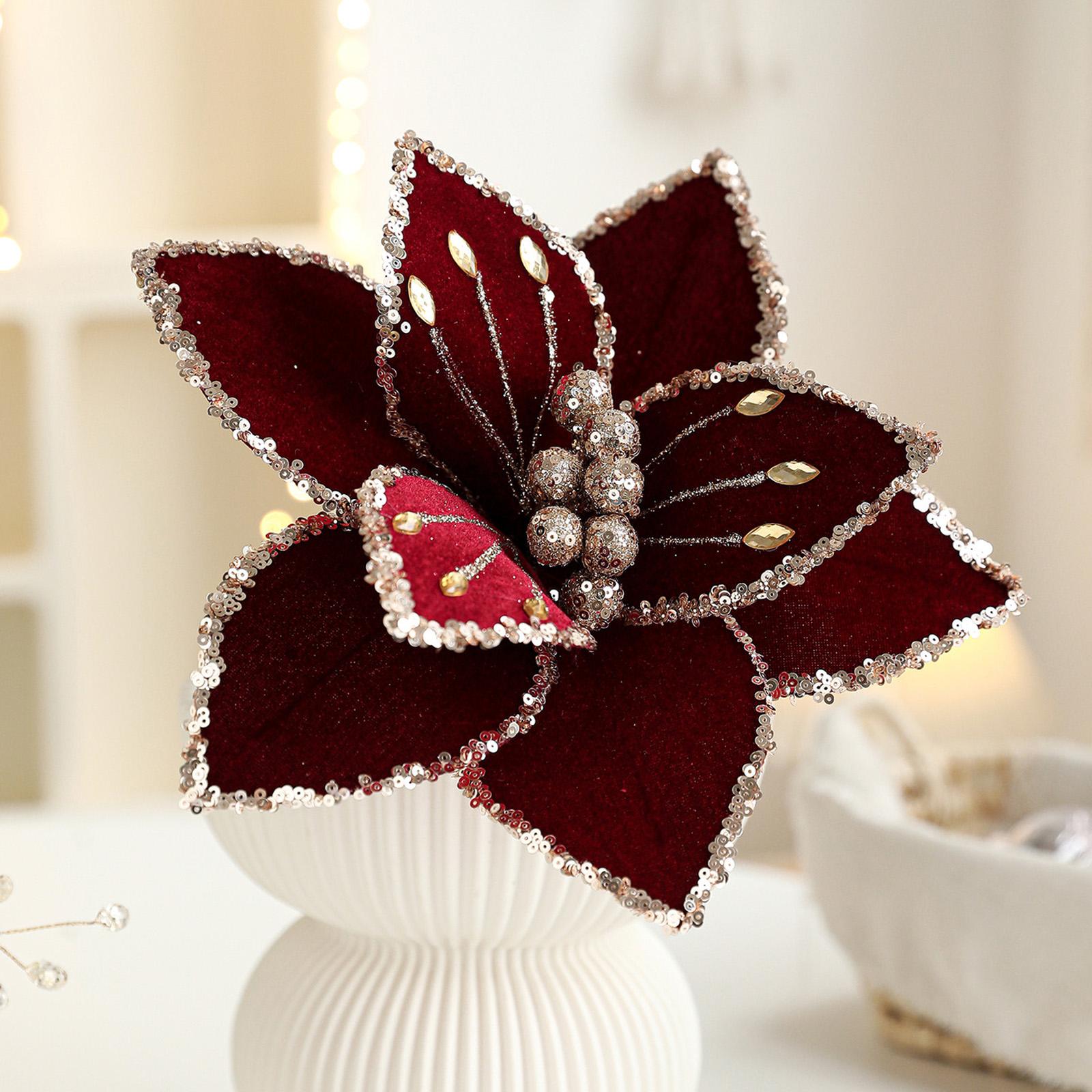 

26CM High-end Fabric Christmas Flower Simulation Flower Sticky Powder Gold Powder Flower Arrangement Christmas Tree Wreath Decoration One Size красный