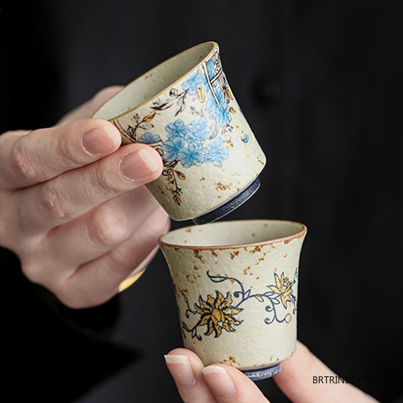 1 Pc Chinese Vintage Ceramic Tea Cup Handmade Flower Pattern Tea Bowl Household Master Teacup Travel Personal Teaware 35ml