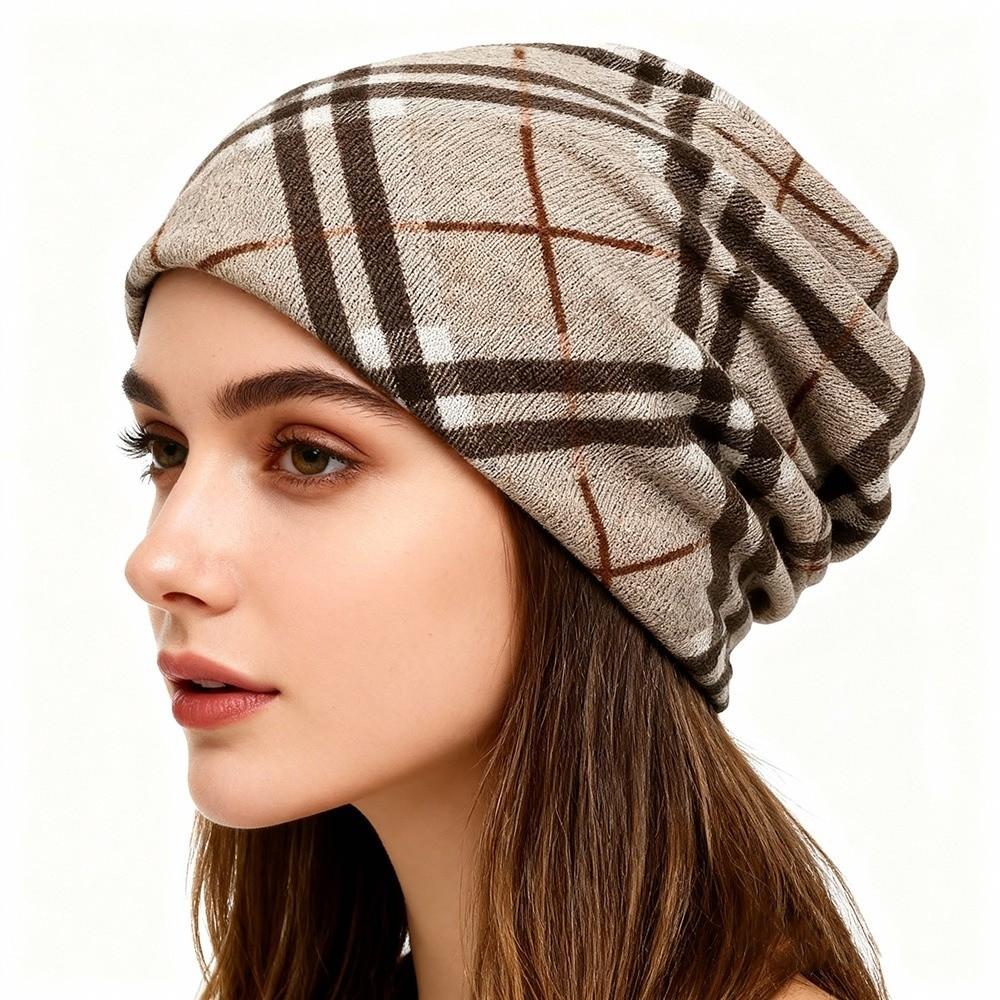 Contrasting Colors Turban Hats Plaid Print Casual Hedging Cap Gifts Pullover Hat  Autumn and Winter