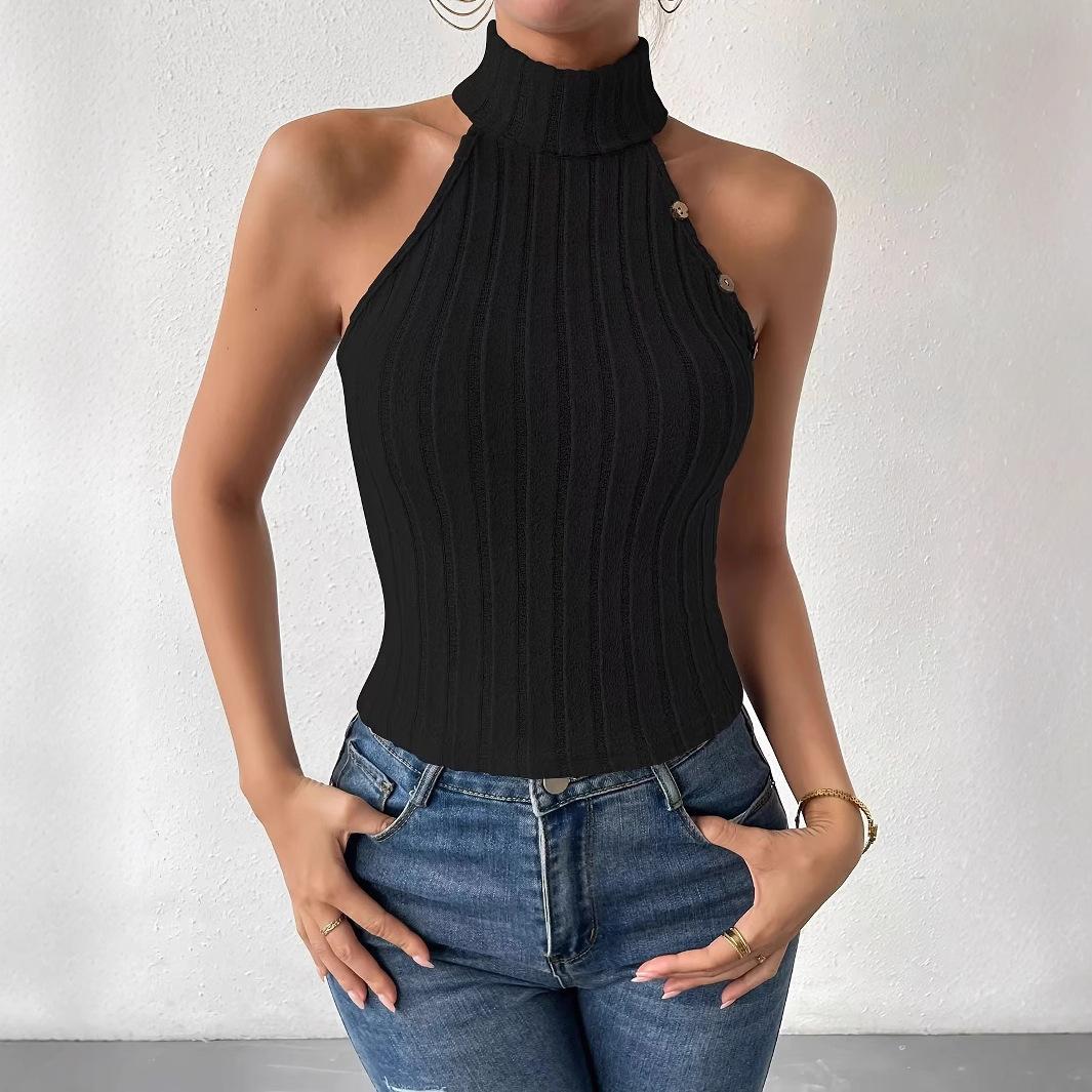 Women s Turtleneck Sleeveless Ribbed Knit Halter Top Slim Fit Casual Tank Top S чёрный