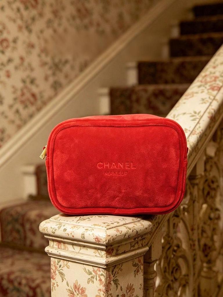 Rotes Samt Chanel Make-up Tasche Marke Beauty Accessoire, Tragbare Reißverschluss Kosmetiktasche Reise Wasch Organizer für Lippenstift Ohrhörer Karte Schlüssel Aufbewahrung