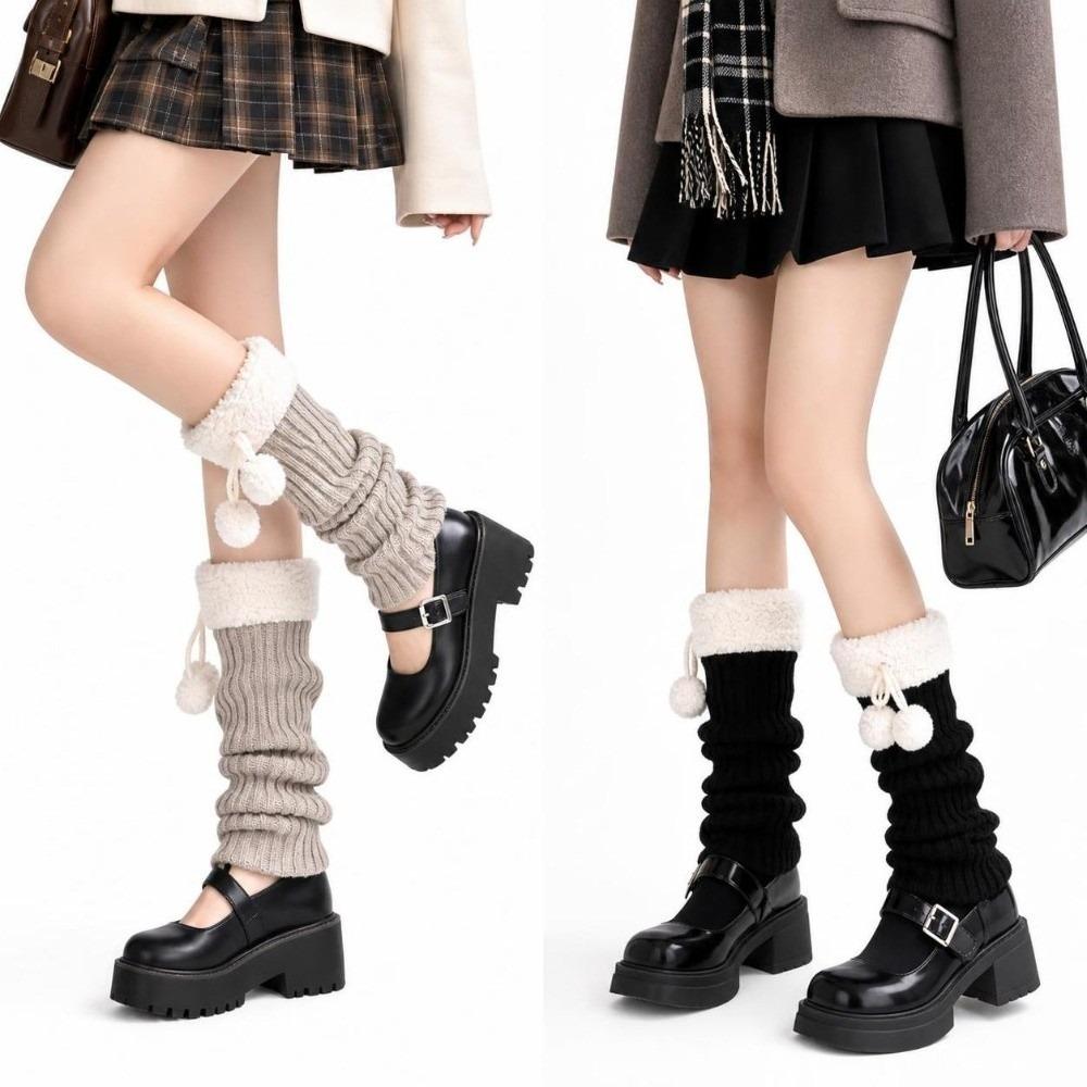 1pair Fuzzy Ball Knitted Leg Warmers Solid Color Winter Foot Cover Cute Mid-Calf Length Socks  Girl