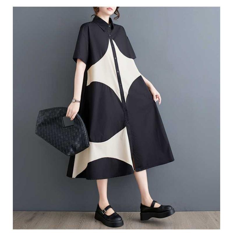 Summer Style Loose Large Size Print Splicing Casual Simple Sweet Short-sleeved Dress