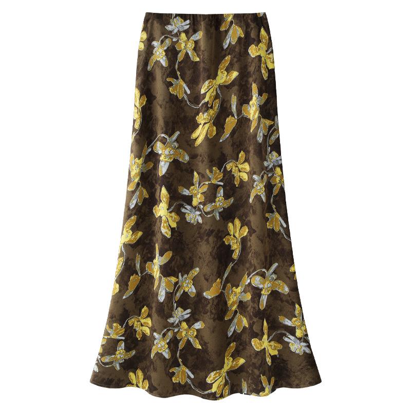 

2025 Women s Satin Print Fishtail Skirt – Slim Fit, Hip Wrap, Elegant Summer Style XL