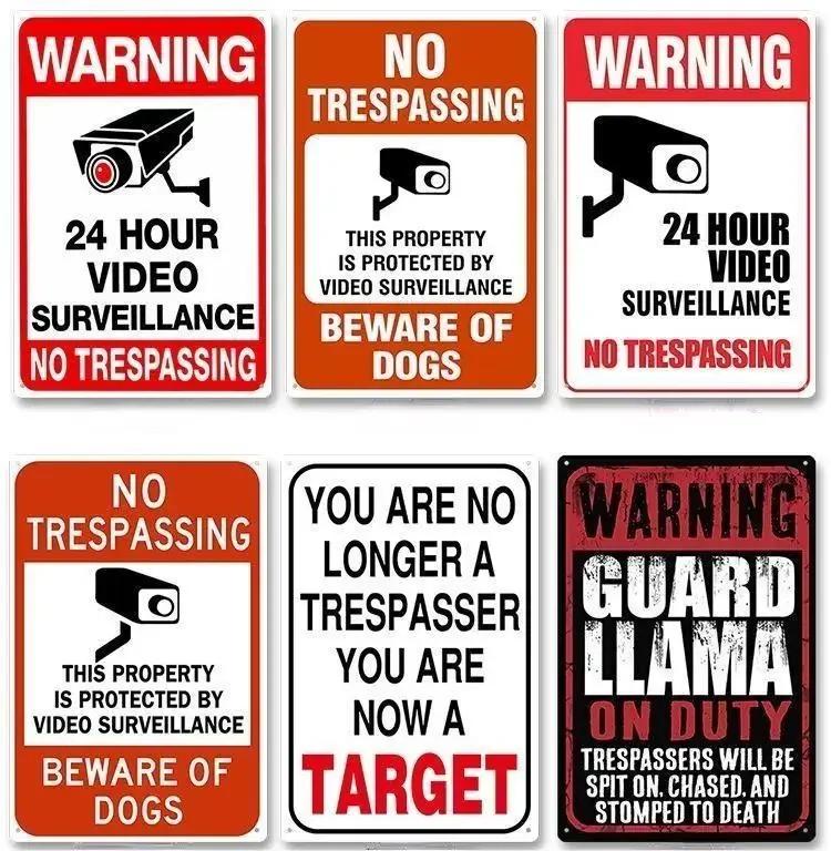Tin Sign No Trespassing Warning Sign 24 Hour Video Surveillance Metal Board Poster Bar Home Decor Plate Warn Signs Wall Plaques