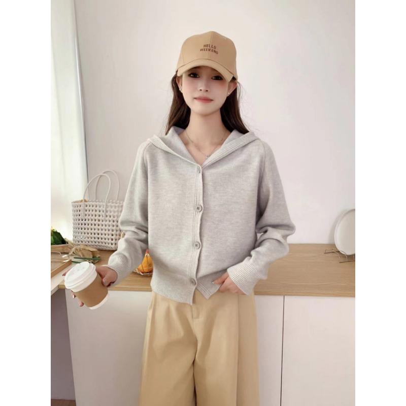 Hooded Knitted Small Cardigan Autumn and Winter New Solid Color Simple Fashion Casual Versatile Sweater Jacket Top Women