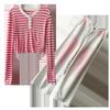 Damen gestreiftes T-Shirt & Jeans mit Strasssteinen und weitem Bein Zweiteiliges Set