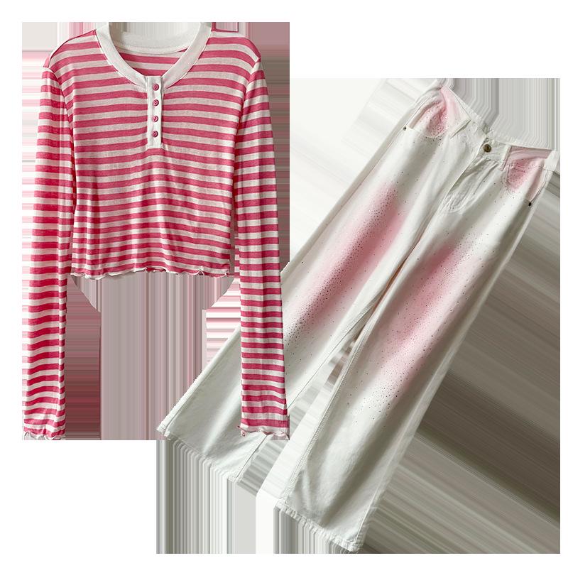 Damen gestreiftes T-Shirt & Jeans mit Strasssteinen und weitem Bein Zweiteiliges Set