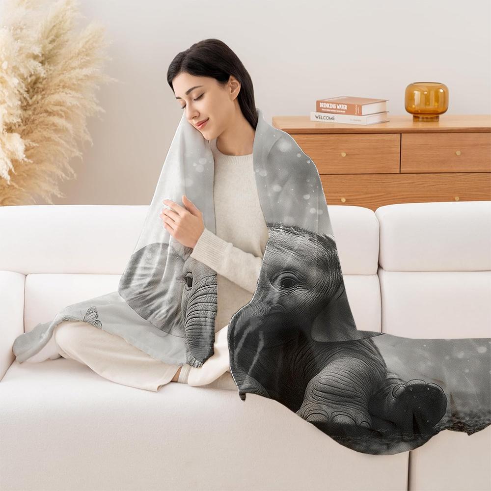 1pc Cute Elephant & Butterfly Black White Grey Plush Fleece Blanket - Soft Thick Warm All-Season Bedspread, Room Decor, Couch