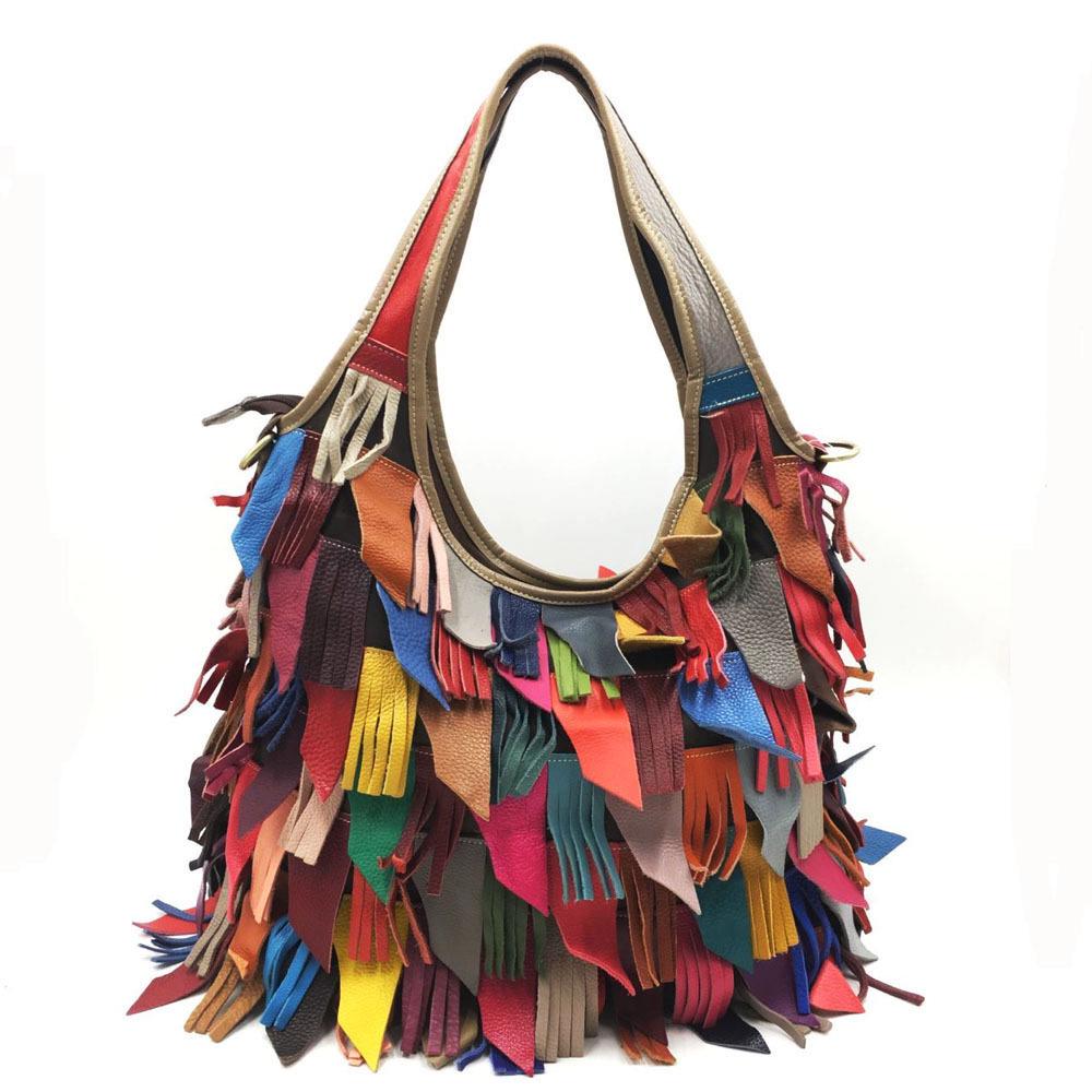 Women's European & American Genuine Leather Tassel Patchwork Tote Crossbody Bag - Colorful, Fashionable & Versatile