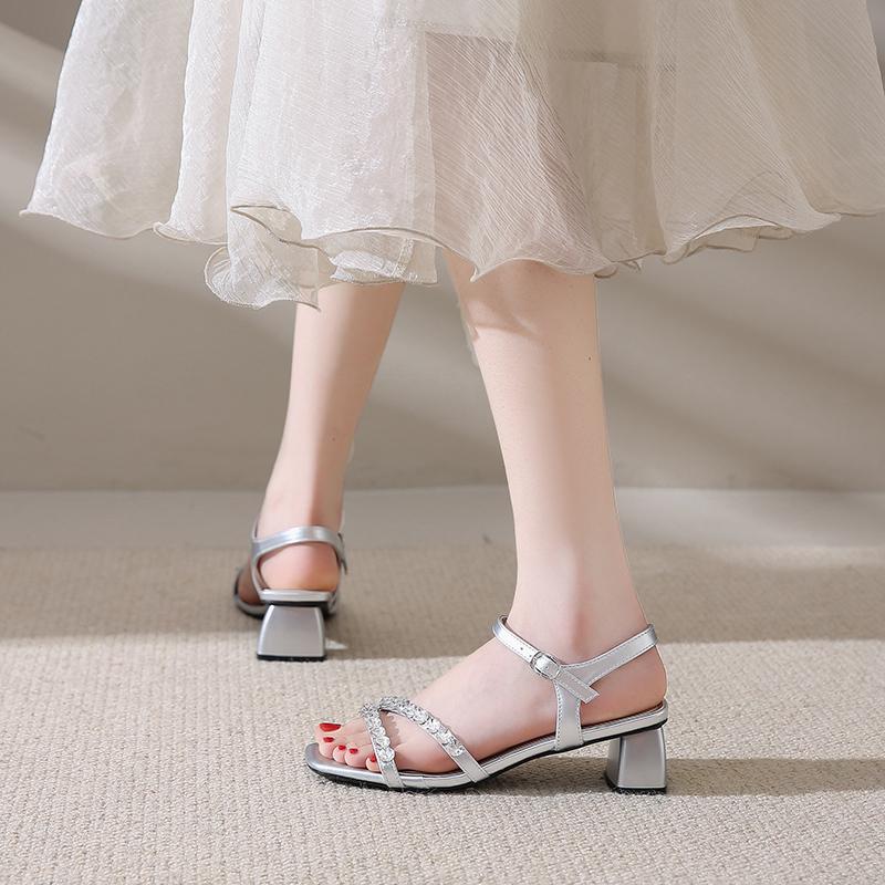 Women Luxury Thick Heels Sandals Female Shoes Summer Fashion Rhinestone High-heeled Sandals Ladies Ankle Strap Party Dress Pumps