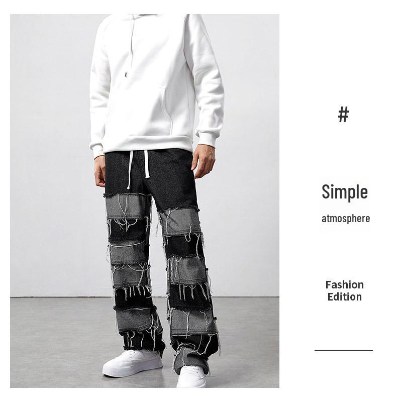 American High Street Tassel Stitching Wide-Leg Men's Jeans, Large Size