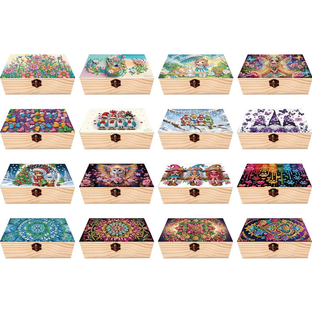 5D DIY Diamond Art Handmade Storage Box Partial Drill Colored Pattern Wood Case Crystal Storage Case Kit for Desktop Diamond Art