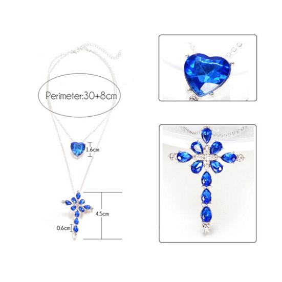 Women Two Layer Cross Heart Full Rhinestones Pendant Necklace Chain Jewelry Gift