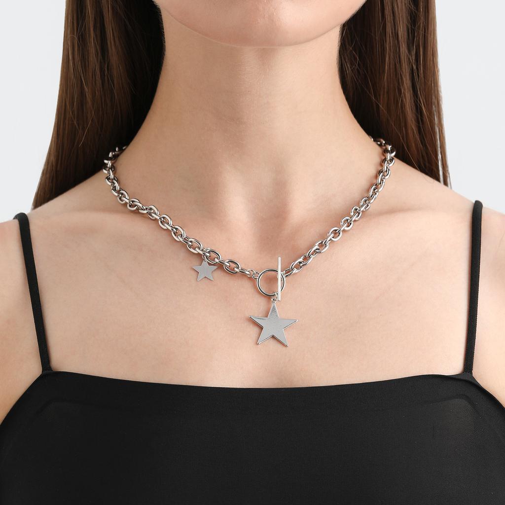 European and American Simple Geometric Rough Aluminum Chain Pentagram Pendant Single-layer Women's Necklace Bracelet Set Spice Girl