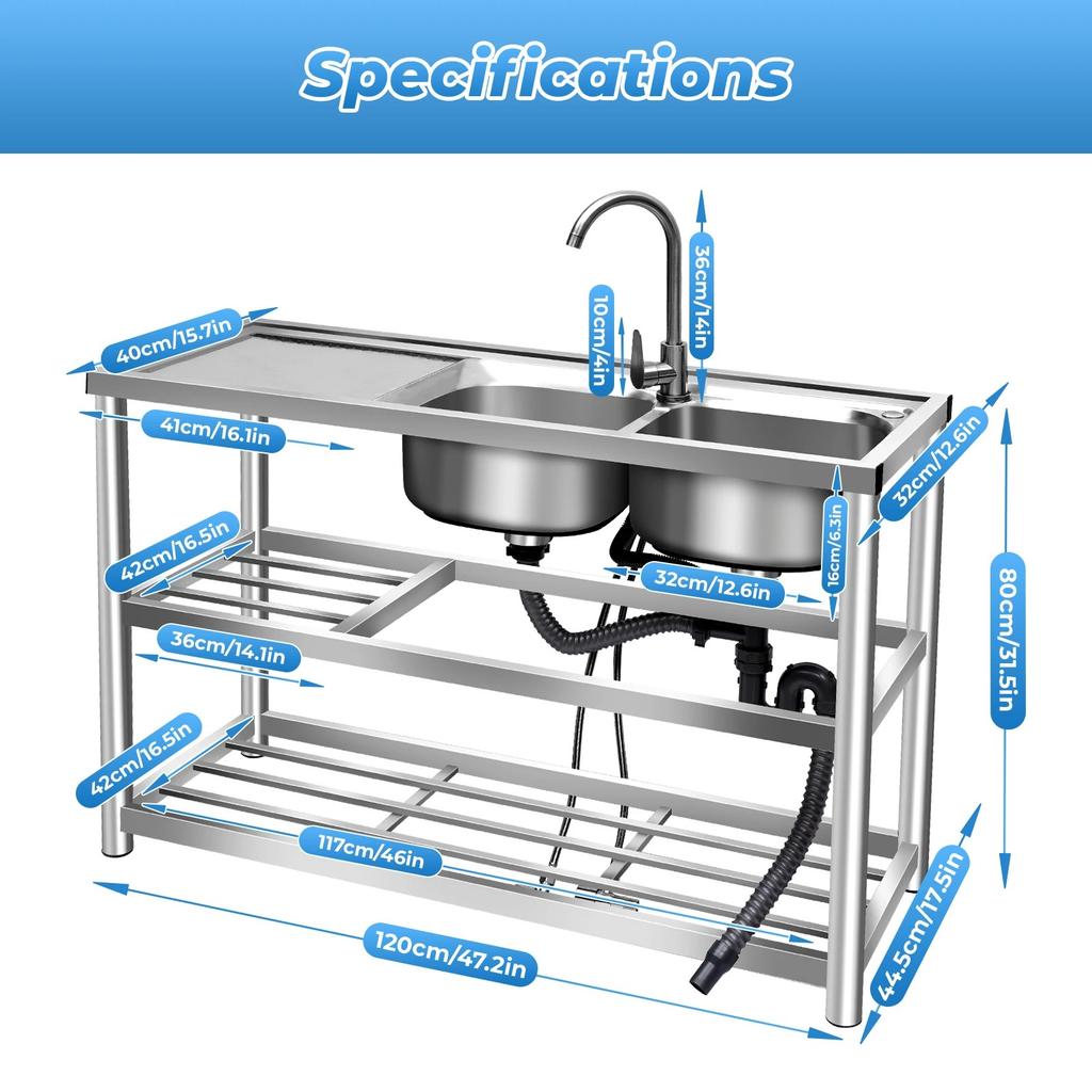 Bymaocar Commercial Stainless Steel Kitchen Prep & Work Table Sink W/ Faucet,3-Layer Double Bowls Sink for Garages,Laundry Rooms