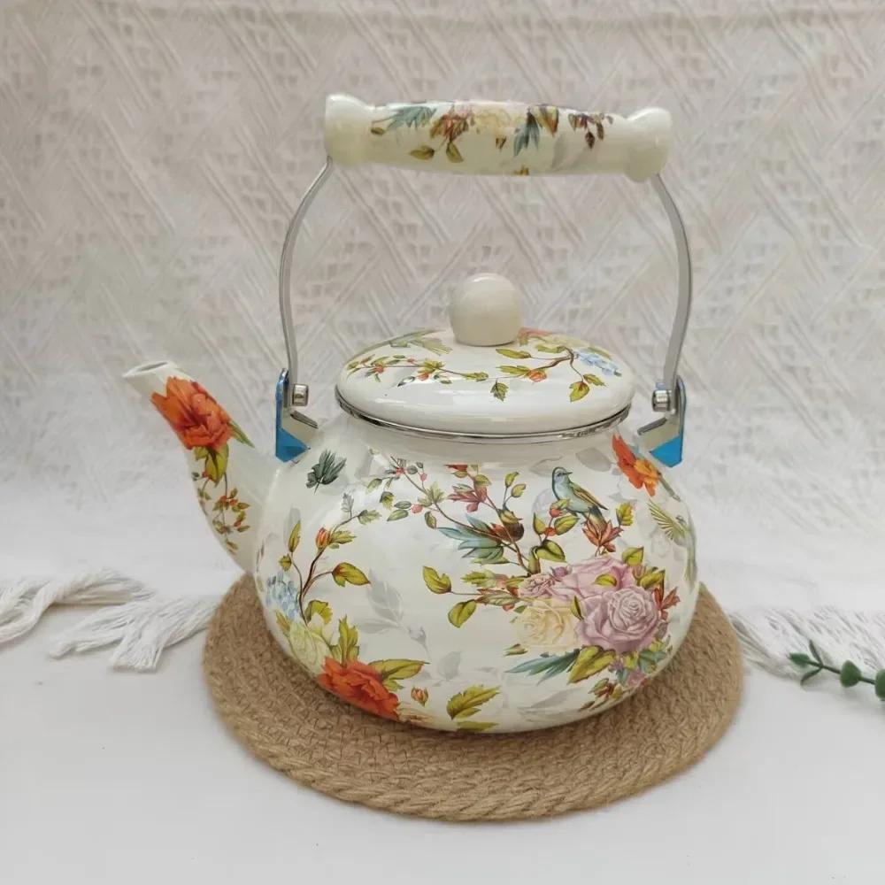 Emaille-Teekanne im chinesischen Stil 2,5L/1,5L, Anti-Verbrühungsgriff, Gasherd-Kessel, birnenförmige florale Emaille-Kaffeekanne