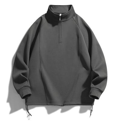 Zippered Long-sleeved Pullover Solid Color Turtleneck Drawstring Sports Casual Loose Top for Men