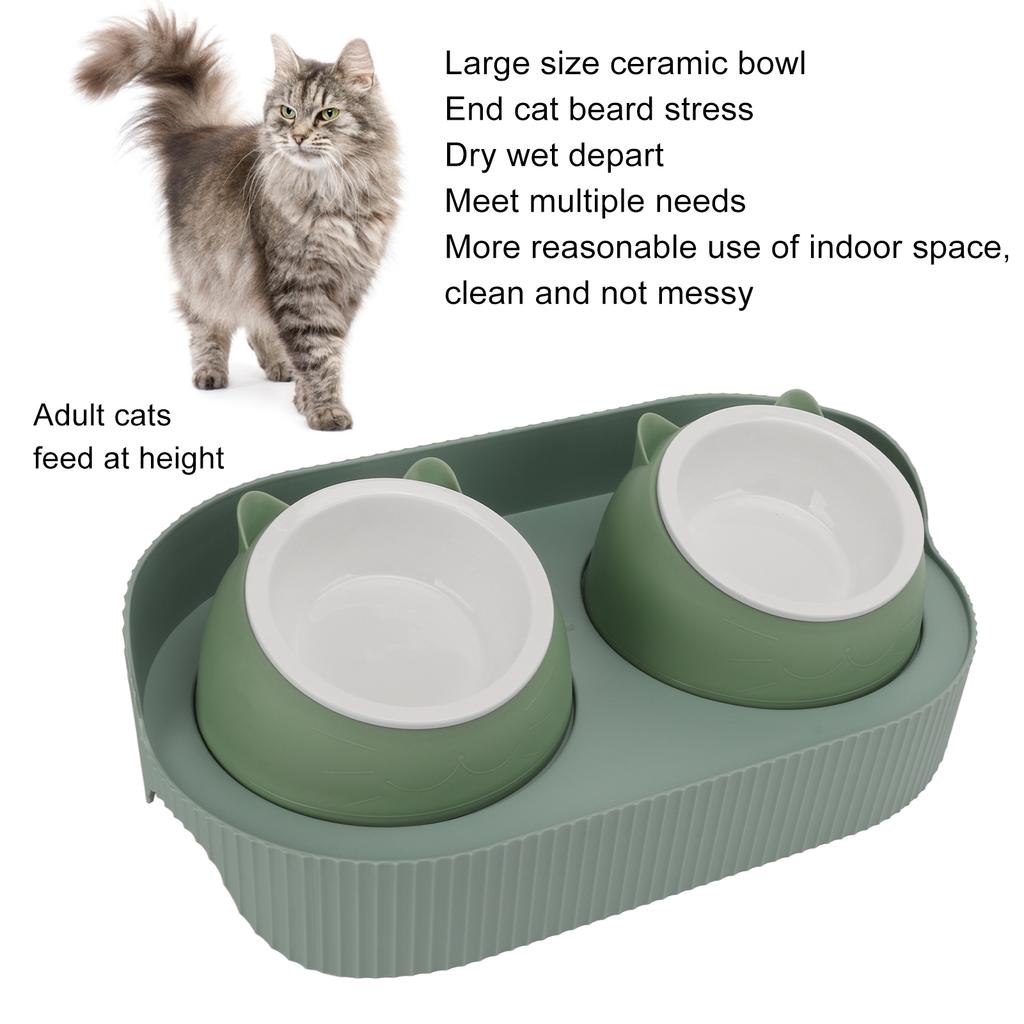Ceramic Pet Bowl Set Food Grade Anti   Double Food Water Bowls for Cats Dogs Kittens and Puppies(Green [Cheongsam Meow] Green Background )