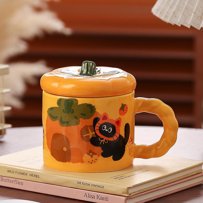 Opening Small Gift with Lid Cartoon Cat Cute Water Cup Household Set Ceramic Cup High Value Small Orange Cup