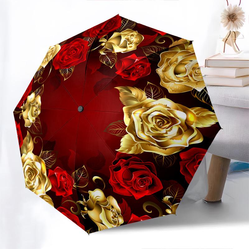 Golden Roses,Red Background Automatic Folding Umbrella 8 Rib Lightweight Design, Durable Iron Frame, Compact and Portable, Perfect Gift Fo