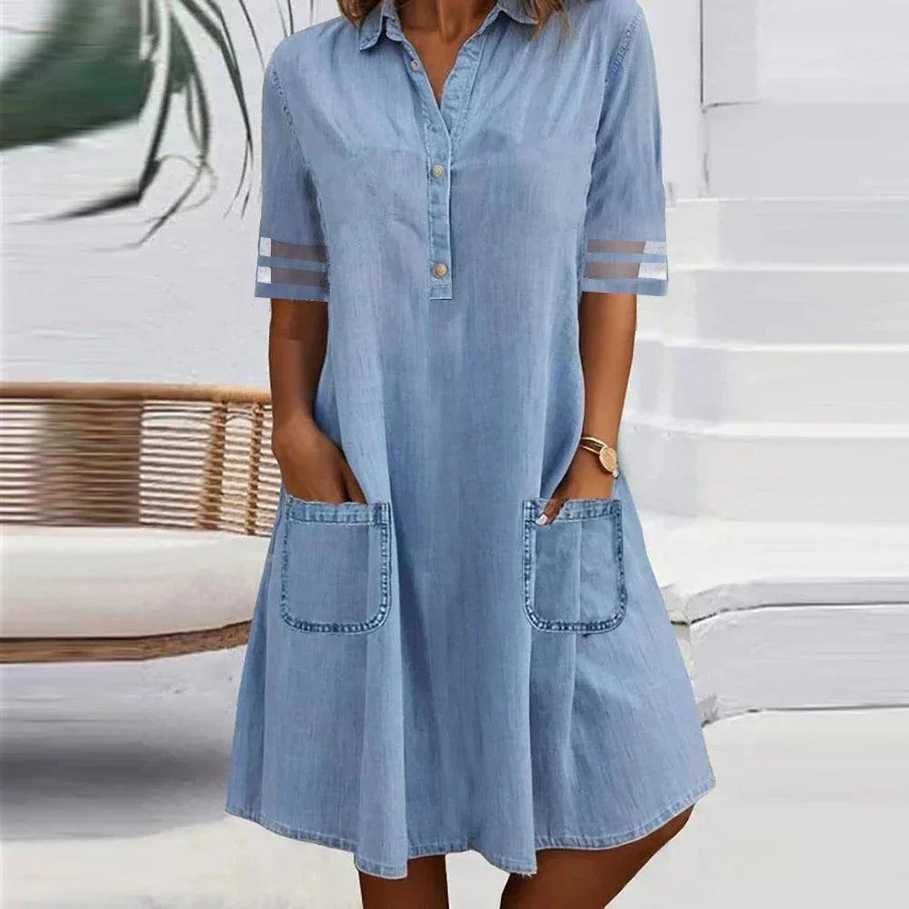 Women's Light Blue Denim Button-Down Dress with Striped Sleeves and Pockets