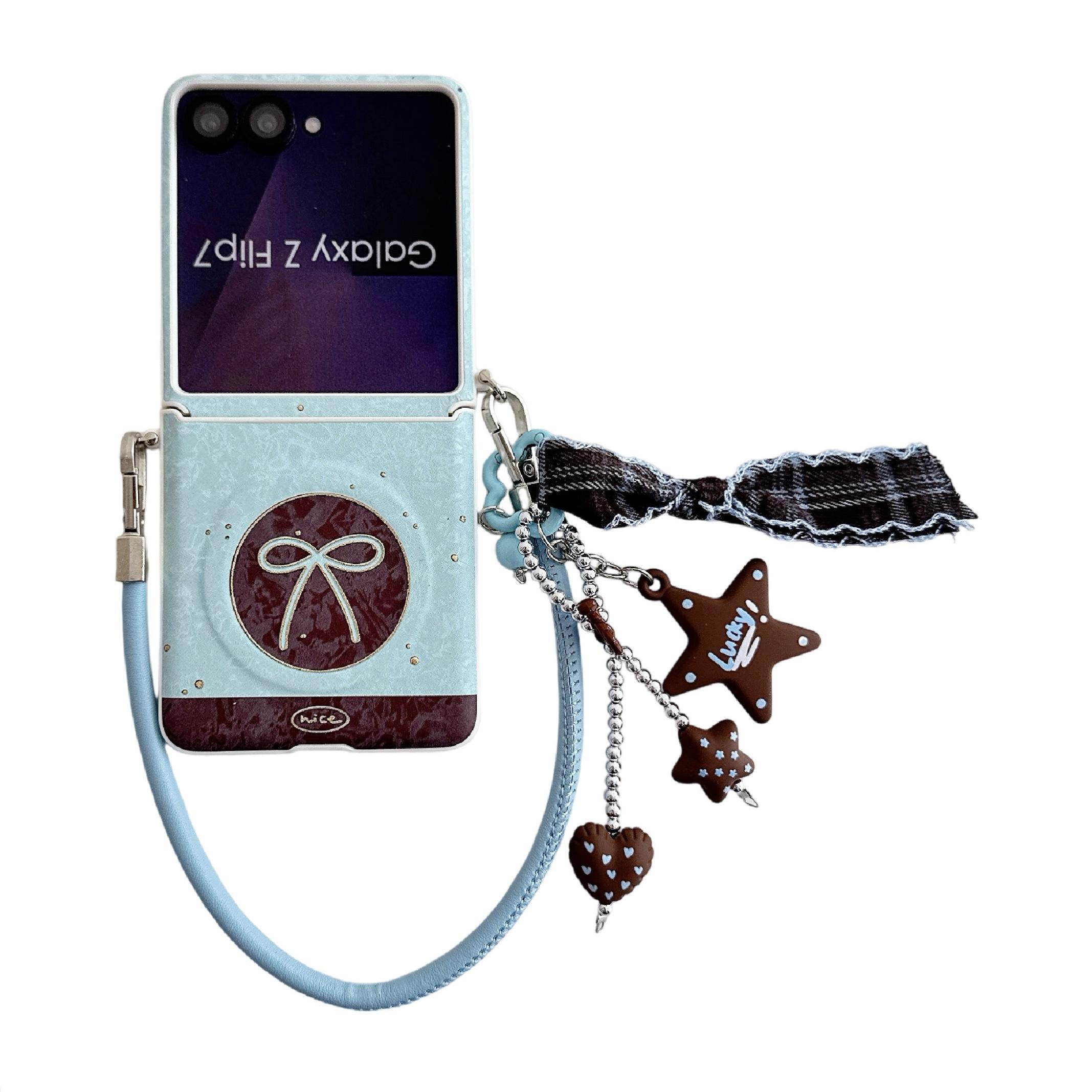 

Magnetic Stand Start Wrist Strap Fashion PU Leather Cute Phone Case for Samsung Galaxy Z Flip 7 FE 6 5 4 3 Protective Cover Galaxy Z Flip7 FE синій