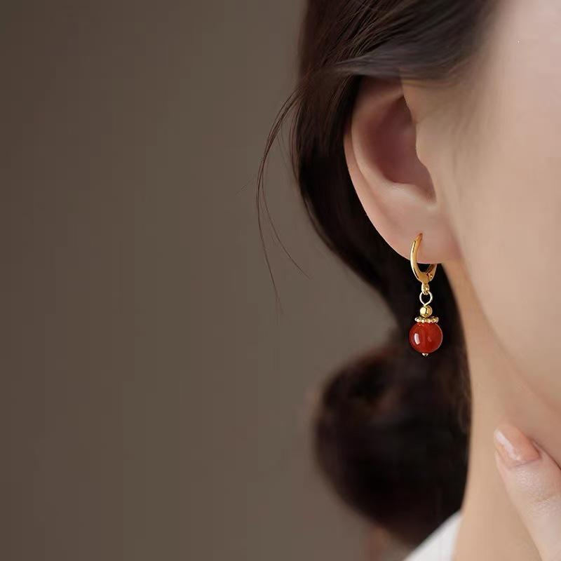 925 Sterling Silver Red Agate Stud Earrings - Luxury Chinese New Year 2025 Year of the Snake Jewelry for Women
