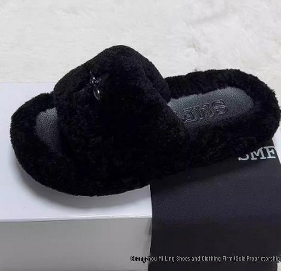 2024 High-Version SMF-K Fur Slippers: Thick-Soled Leather & Velvet Cross Design in Black/Gray