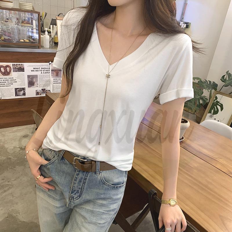 Women s Summer 2026 White V-Neck Dropped Shoulder Short-Sleeve T-Shirt – Unique, Slimming, Casual Fit S белый