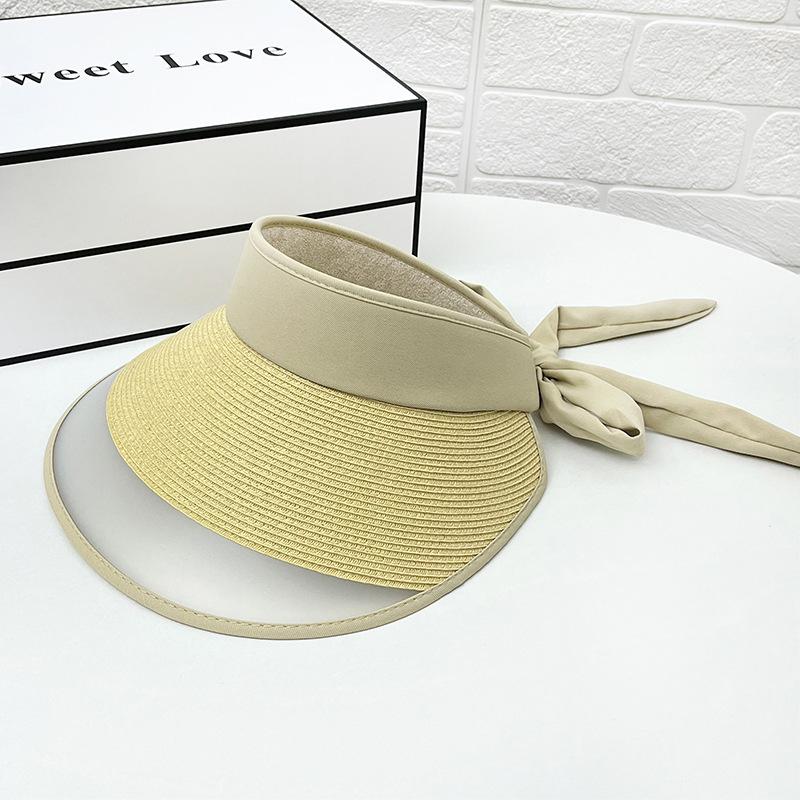 Sunscreen hat women's summer empty top hat straw braided splicing bow sunshade purple line travel no top sun hat