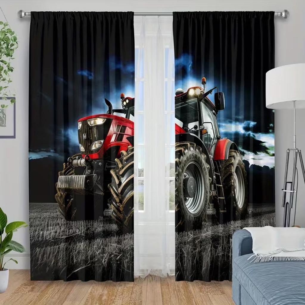 2 Stück Vorhangstoff, isolierte halbverdunkelnde Vorhänge für Schlafzimmer, roter Traktor-Druck, natürliche Landhaus-Vorhänge und Fenster-S