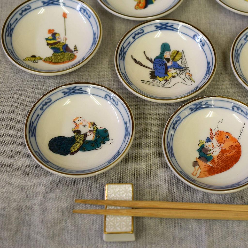 Waza No Kura Plate Set, Stylish Kutani Ware Small Plates, Set of 7, Seven Lucky Gods Design, Ceramic, Japanese Tableware, Side Plates, Made In Japan