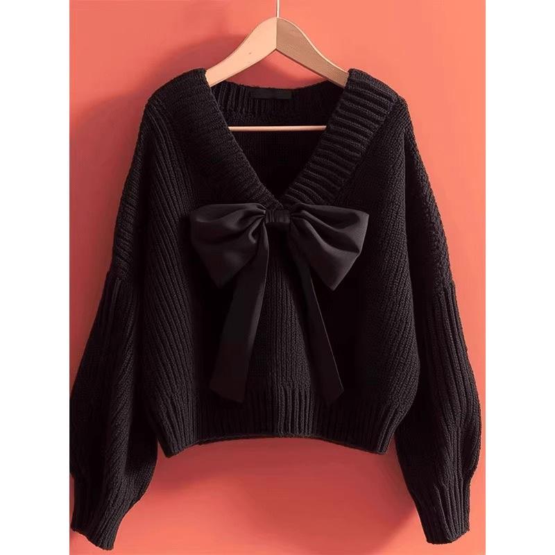 Women's Bowknot Knit Sweater - Versatile Autumn/Winter Fashion 2025, Japan-Korea Style