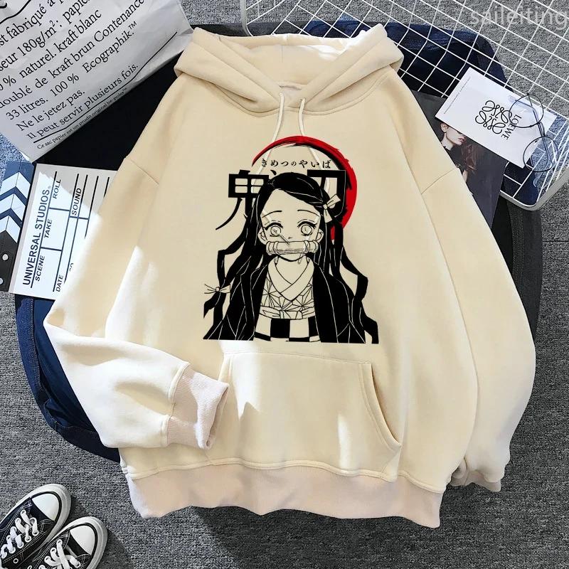 Japan Anime Demon Slayer Hoodies Japanese Casual Kangaroo Pocket Hoodie Harajuku Cartoon Manga Khaki Pullovers Aesthetic Clothes