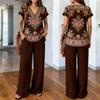 1116 New Light Luxury European and American Style Printed Two-piece Set, Printed Top, Comfortable Elastic Wide-leg Pants Women's Suit