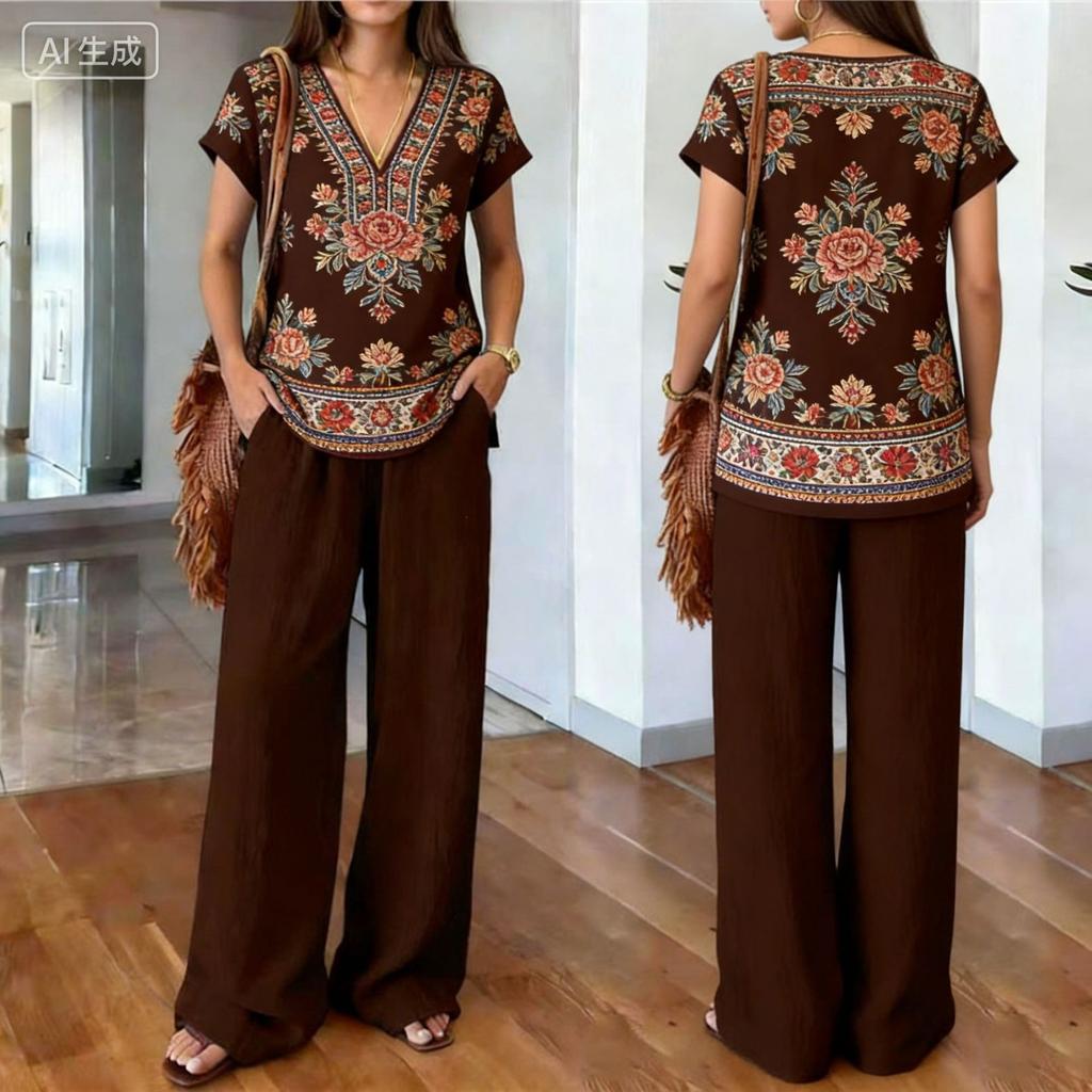 1116 New Light Luxury European and American Style Printed Two-piece Set, Printed Top, Comfortable Elastic Wide-leg Pants Women's Suit