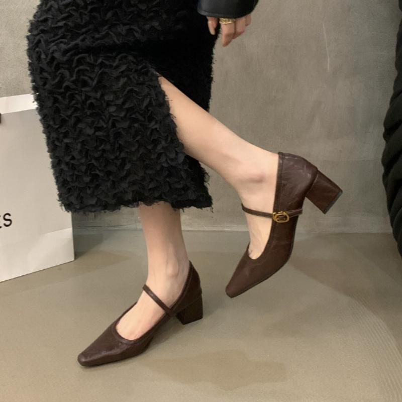Designer Square Toe Women Mary Jane Shoes 2026 New Spring Shoes Ladies Elegant Buckle Strap Thick Heel Party Dress Pumps