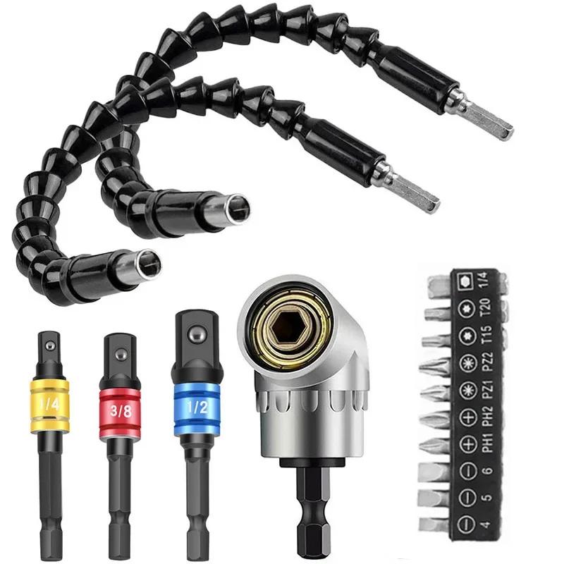 Flexible Drill Extension Hex Shank Nut Driver Bit Set Bendable Right Angle Tool Adapter